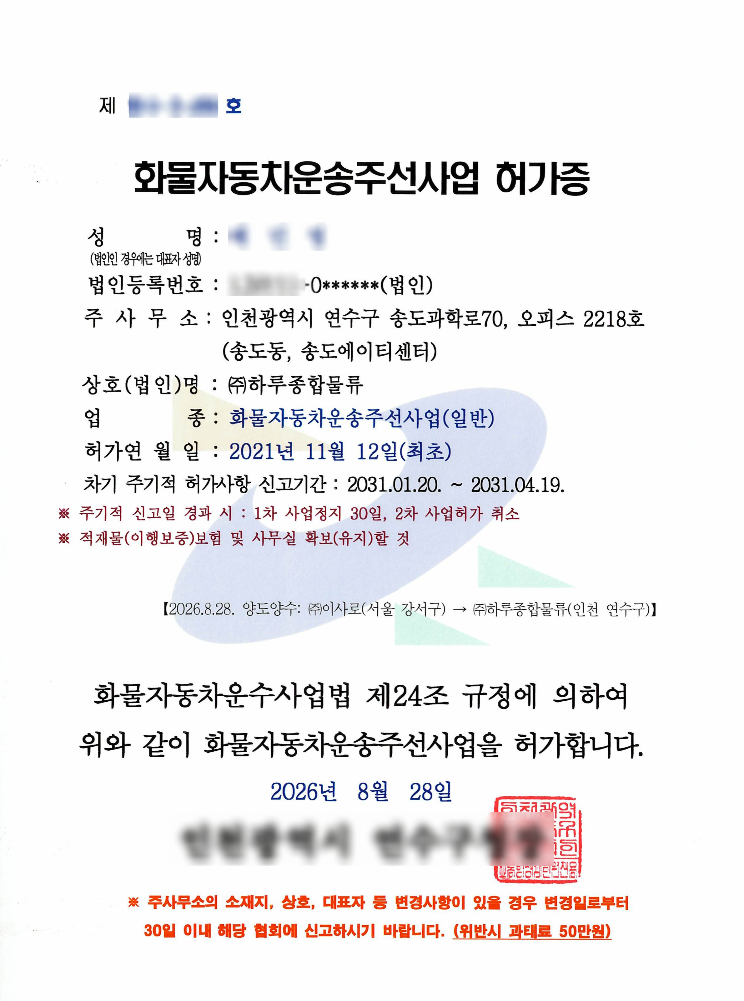 화물운송주선사업 허가증